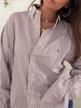 Vintage Ralph Lauren Men’s Striped Button-Up Shirt in Lavender & White - Size 17